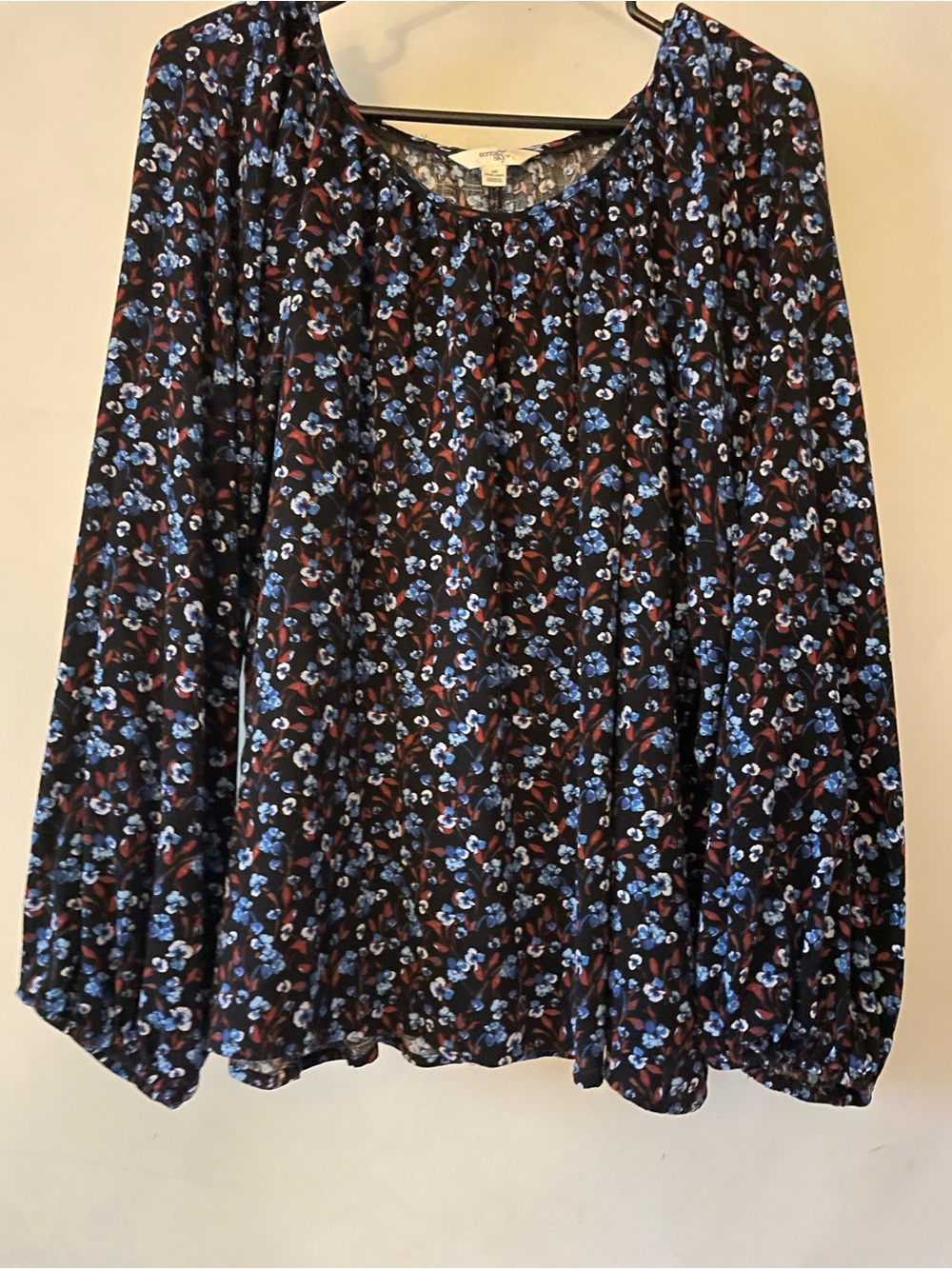 Terra Sky Women’s Floral Long-Sleeve Blouse - Blue/Black Bell Sleeves 1 XL
